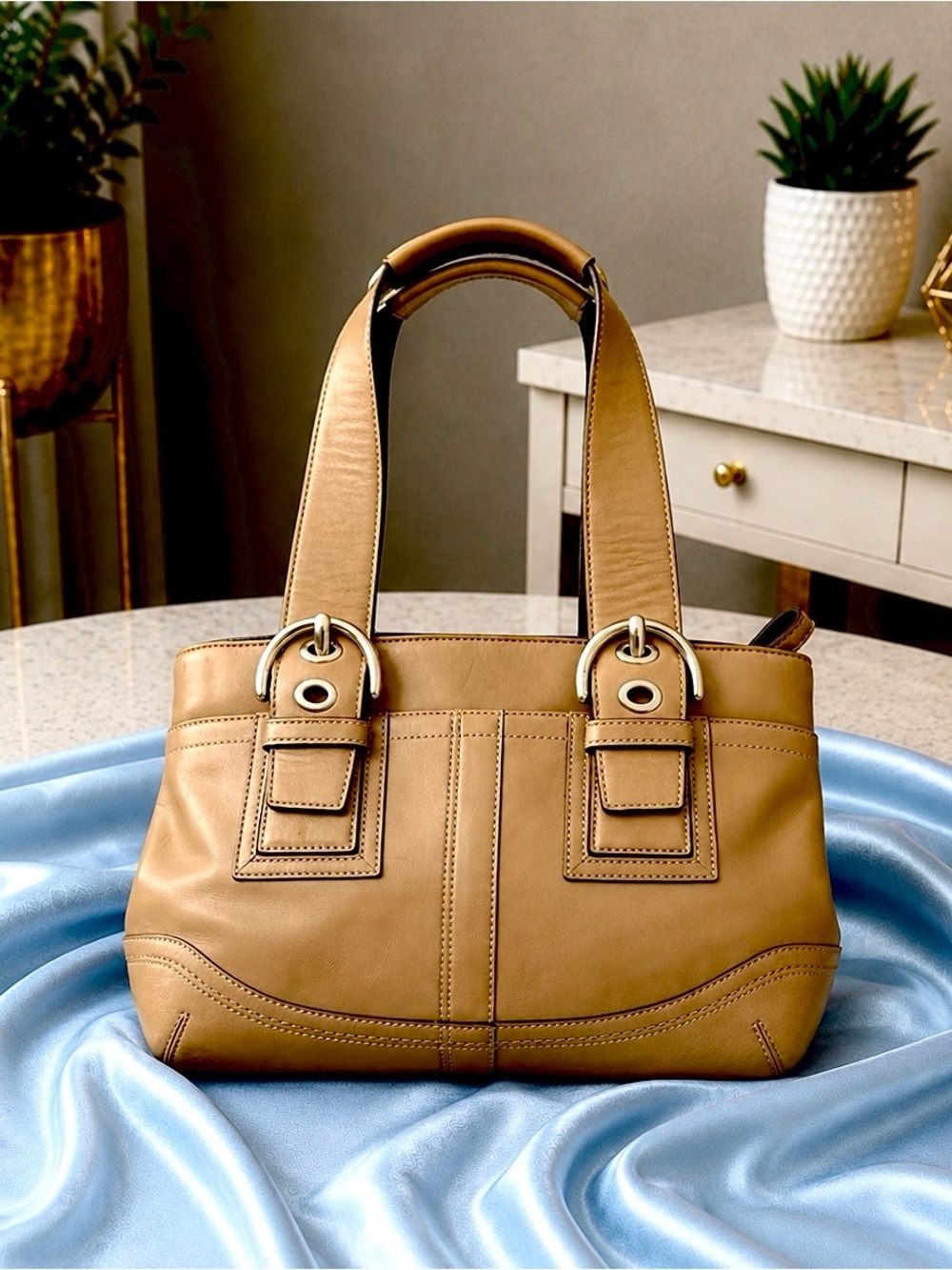 Coach Tan Leather Soho Buckle Tote Shoulder Bag Silver Hardware